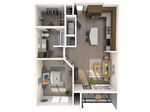 Floor plan for 1 bed, 1 bath, 851 sqft